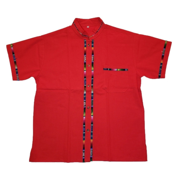 MEXICAN Guayabera Shirt Red Button Down Lightweight Men's Size S - Picture 1 of 8